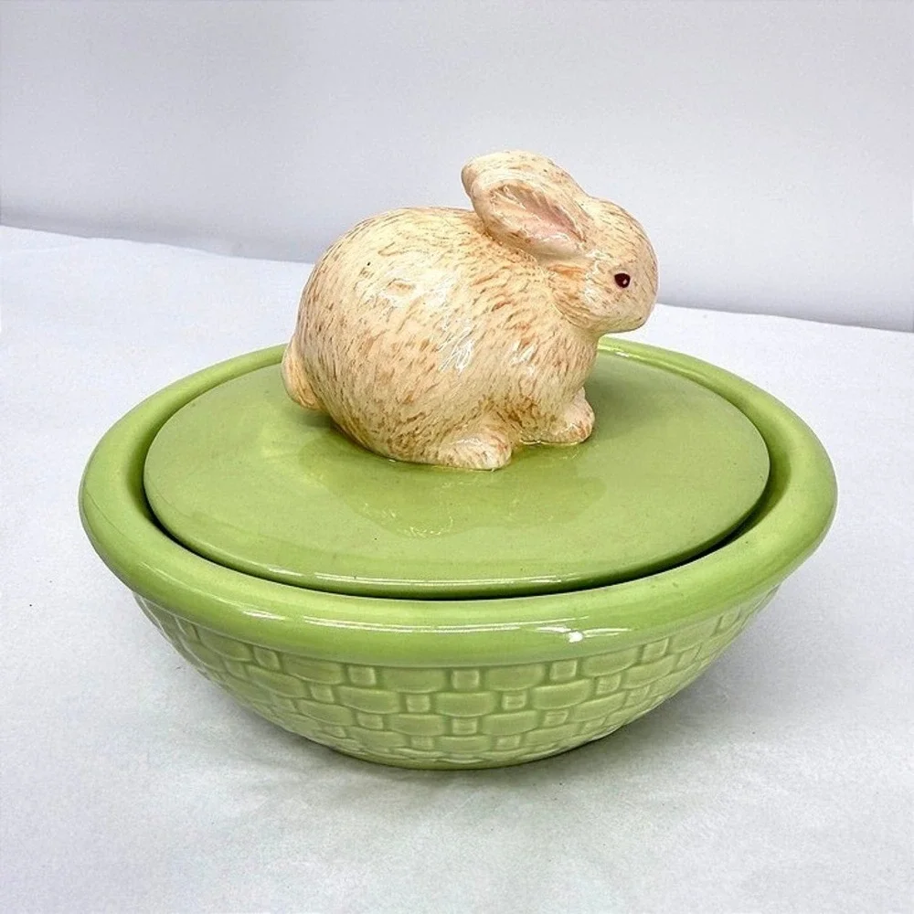 Hallmark Candy Dish Bunny Rabbit Topper Green Basketweave Spring Decor Easter
